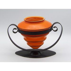 Vintage Vase Orange Flashed Glass Black Trim w Black Stand 6" H x 5" D x 9" W